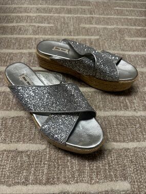 Miu Miu Silver Glitter Crisscross Espadrille Wedge Sandals